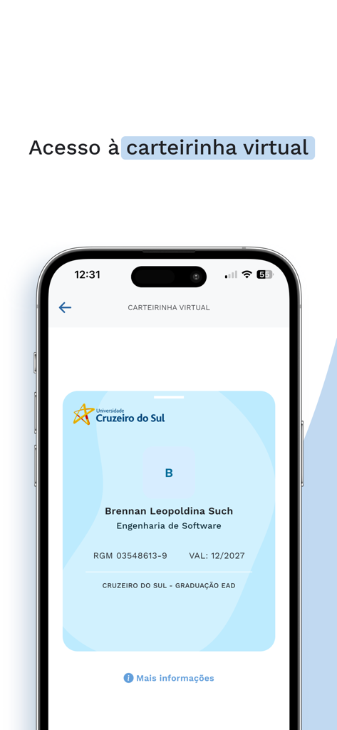 Digital student ID card displayed on the Duda mobile app interface