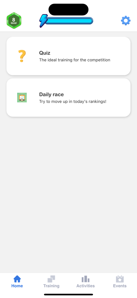 The Big Challenge PLAY - Startmenü der Englischlern-App The Big Challenge PLAY mit Quiz- und täglichen Rennaktivitäten.