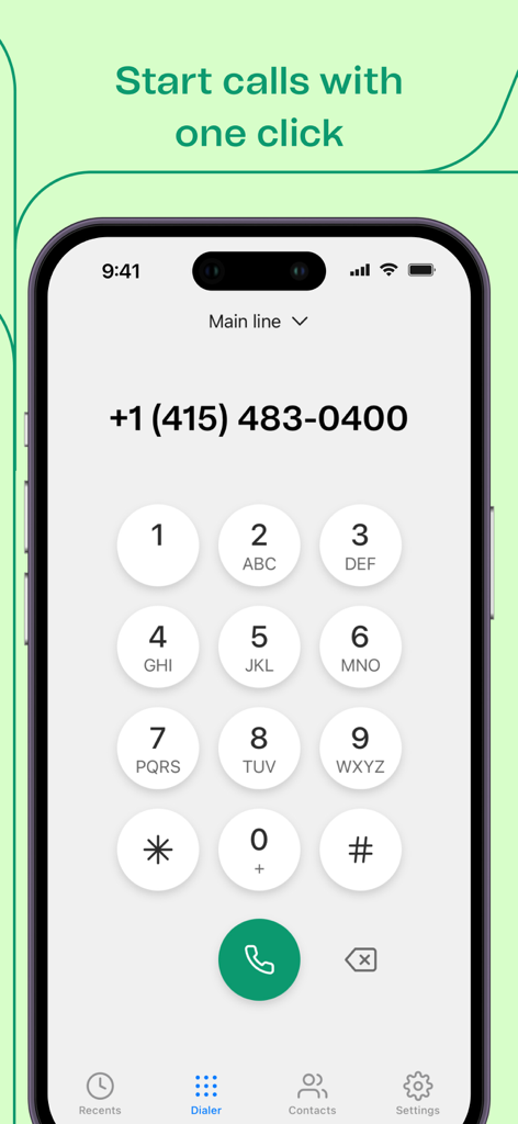 Brevo Phone app dialer screen showing a numeric keypad and the text Start calls with one click
