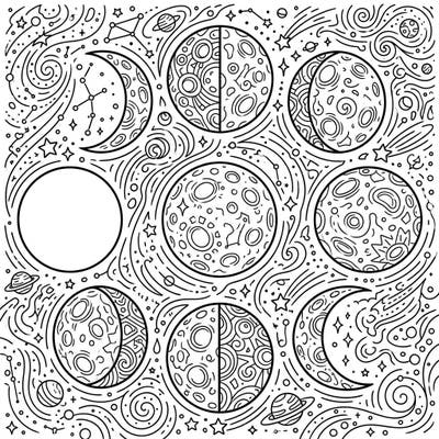 Embark on an artistic exploration of the night sky with this captivating coloring page featuring the mesmerizing lunar phases. Each intricate moon, from new to full, is set against a backdrop of swirling stars and celestial wonders, ready for your creative touch.