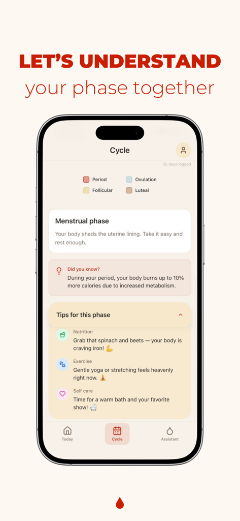 A screenshot of the PERIOD. app showing the menstrual phase screen with personalized health tips and cycle explanations.