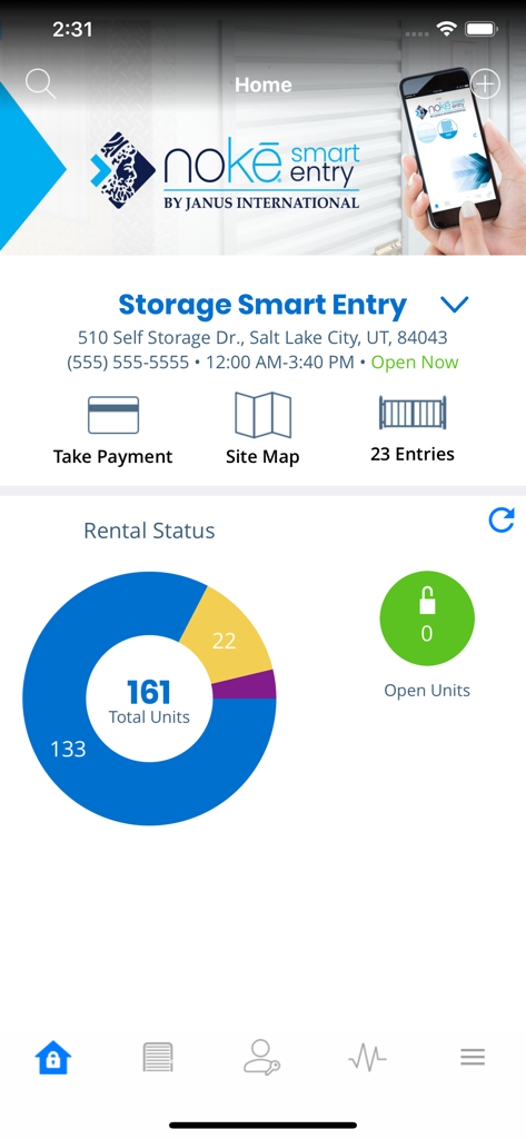 Storage Smart Entry by Nokē - Dashboard of the Storage Smart Entry by Noke mobile app showing facility rental status and total unit counts