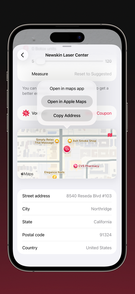 AI Aesthetics: Face Cosmetics - Map and address of a cosmetic clinic on the AI Aesthetics app.