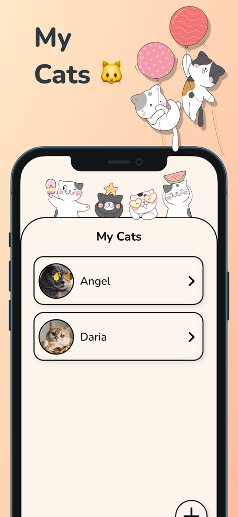 Cat Translator Meow Sounds - A mobile app screen titled My Cats showing a list of pet profiles including cats named Angel and Daria with their photos