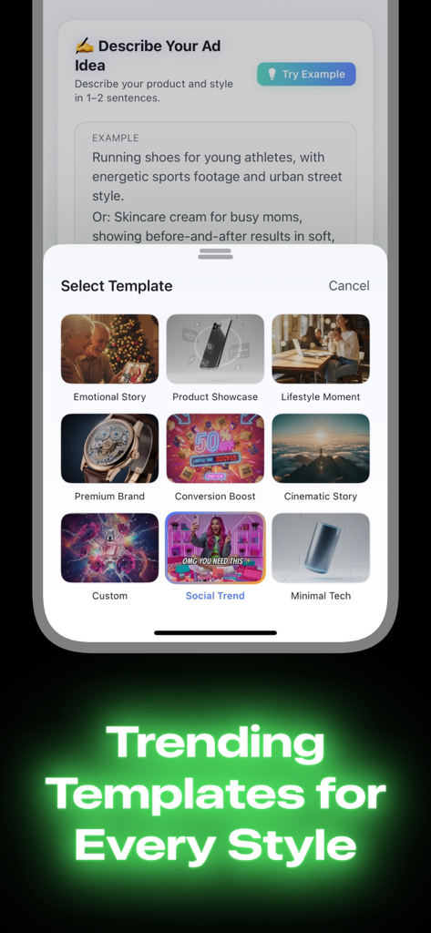 Creatify AI UGC Video Ad Maker - Tela móvel mostrando uma seleção de modelos de anúncios em vídeo UGC populares no aplicativo Creatify AI
