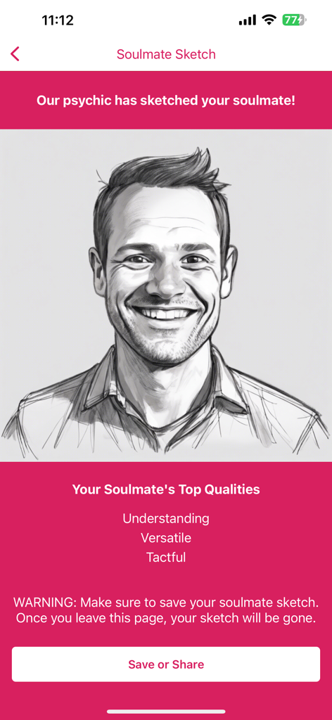 Un boceto realista en blanco y negro de un hombre sonriente identificado como una coincidencia de alma gemela con rasgos de personalidad