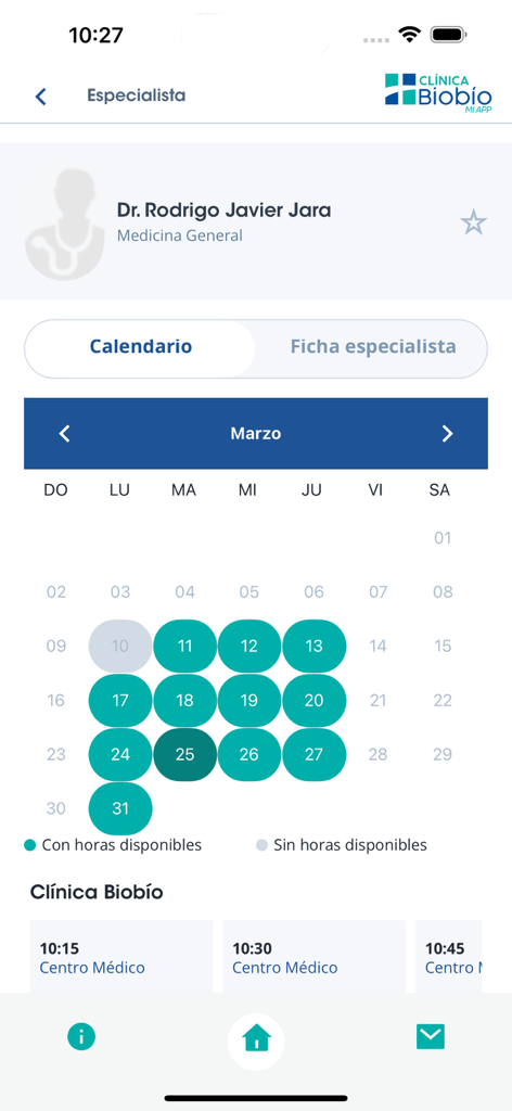 Clínica Biobío - Calendar view for scheduling a medical appointment with a general practitioner in the Clinica Biobio app.