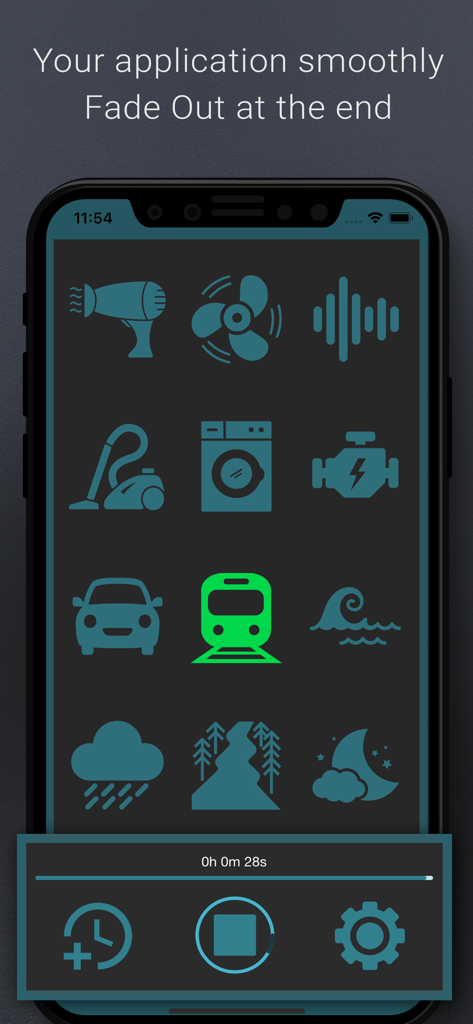 White Noise: Sleep Sounds - Interface de l'application White Noise montrant diverses icônes de sons de sommeil et une fonction de minuterie de fondu douce