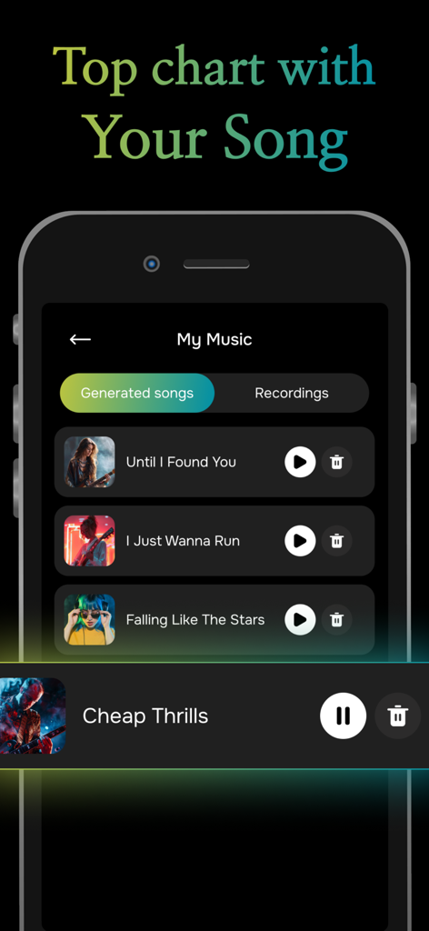 AI Lyrics & Song Generator - Interfaz de la aplicación Generador de Letras y Canciones con IA que muestra una biblioteca de canciones generadas por el usuario con opciones de reproducción y eliminación