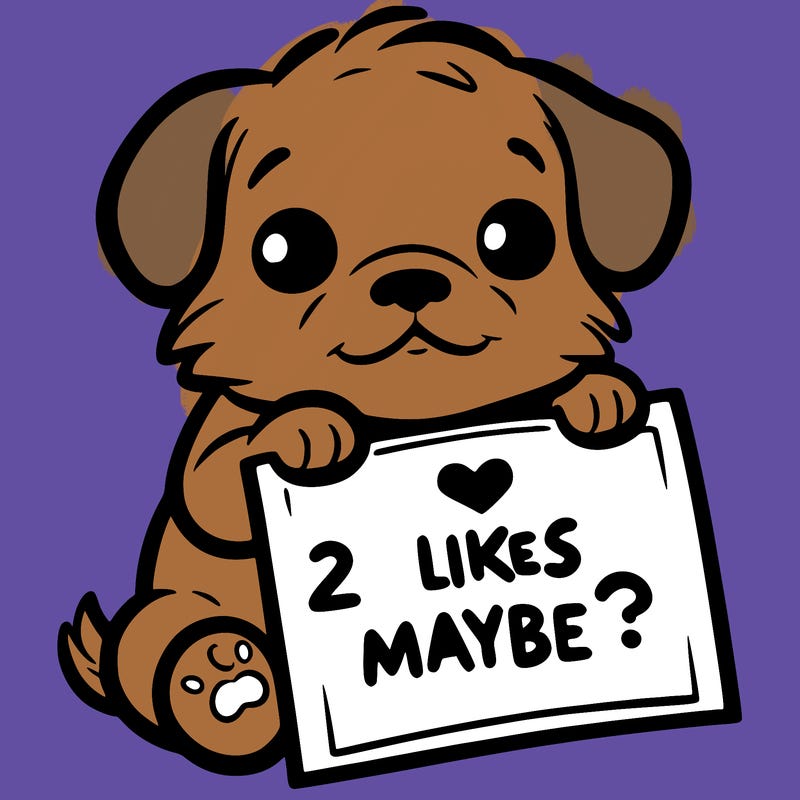 a puppy holding a sign that says 2 likes maybe?