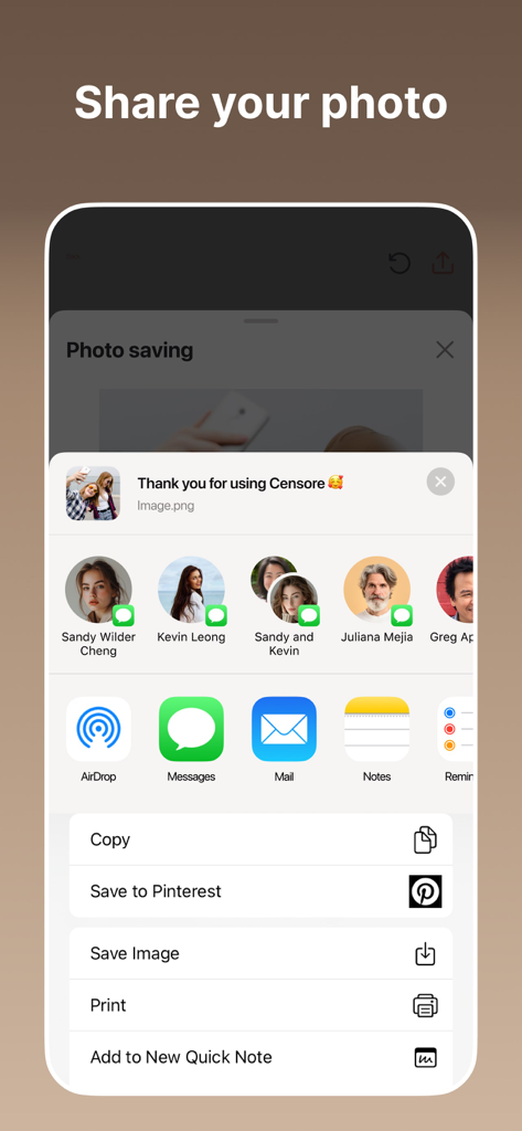 Censor: Face Blur & Pixelate - Interface showing options to share or save a censored photo using the iOS share sheet