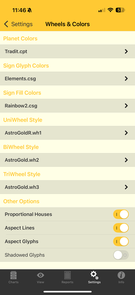 Astro Gold - Settings screen in Astro Gold for customizing astrology chart wheels and colors