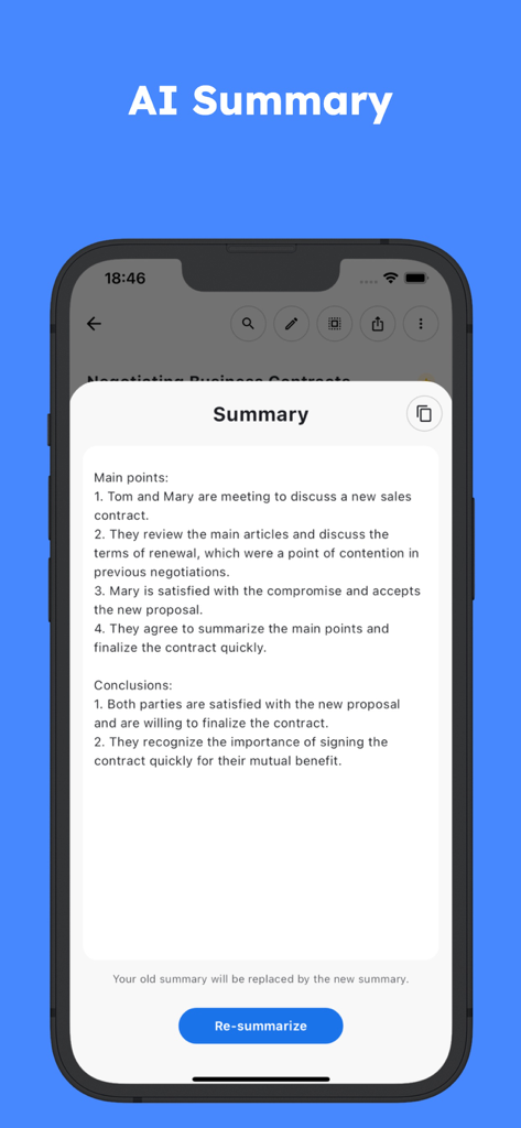 SoundType AI - Voice To Text - AI summary screen in SoundType AI app showing main points and conclusions from a business contract negotiation.