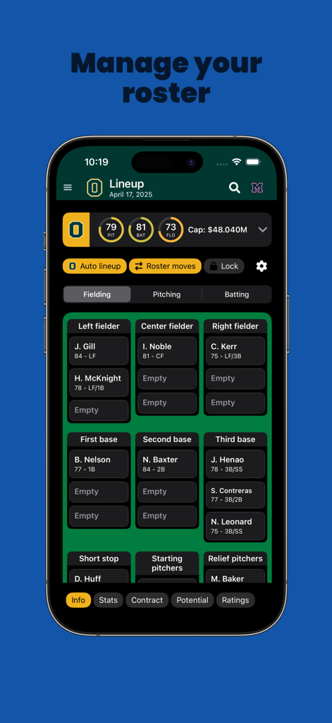 Baseball Legacy Manager 25 - Tela de gerenciamento de elenco no Baseball Legacy Manager 25 mostrando a escalação da equipe e as estatísticas dos jogadores