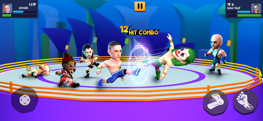 Cartoonish 3D wrestlers fighting in an arcade style ring with hit combo effects