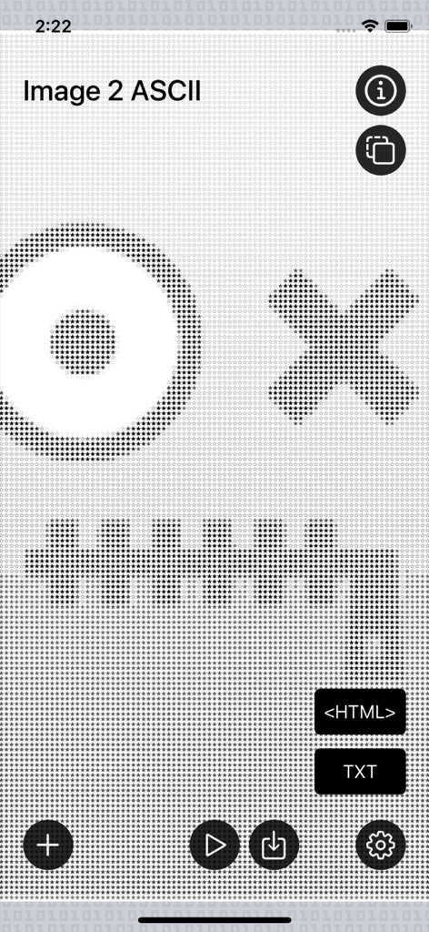 Interfaz de la aplicación móvil Imagen a Arte ASCII que muestra un arte generado basado en texto con botones de exportación HTML y TXT.