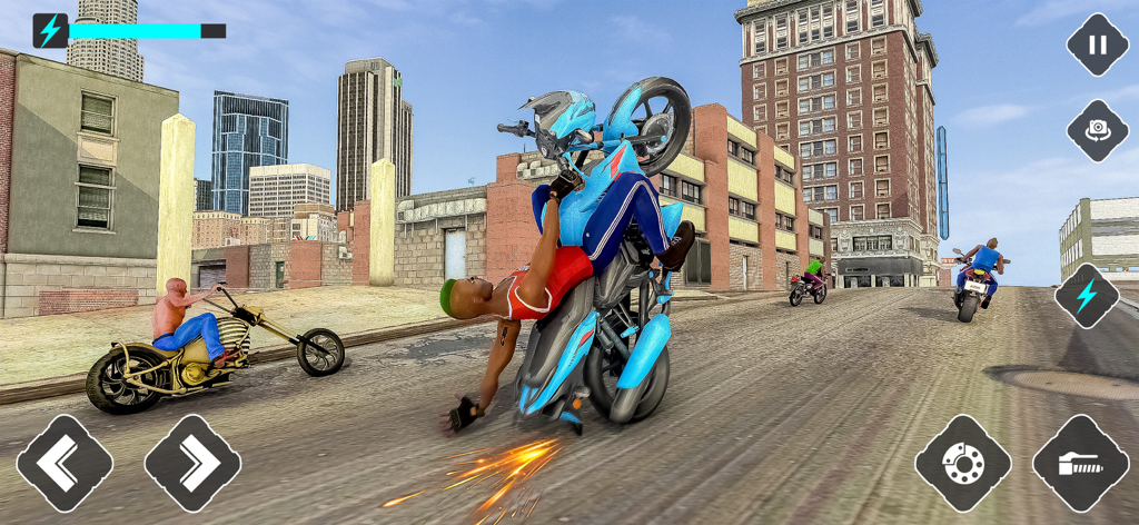 Stunt Race Bike: Dirt Bike 3d - A blue dirt bike performing a wheelie stunt on a city street with sparks flying from the back wheel