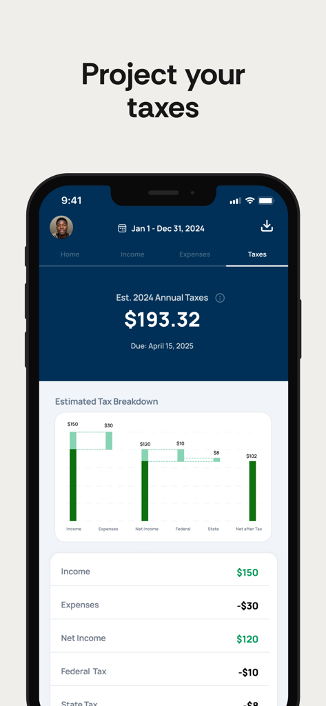 Solo app screen showing estimated annual taxes and a detailed tax breakdown chart for gig workers