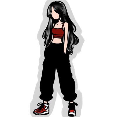 girl in baggy pants crop top and long hair