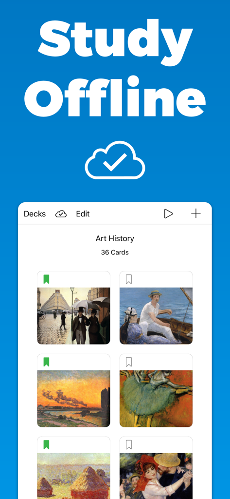 Flash Cards GO - Flashcards - Interfaz de la aplicación Flash Cards GO mostrando un mazo de tarjetas de Historia del Arte y un mensaje de estudio sin conexión.