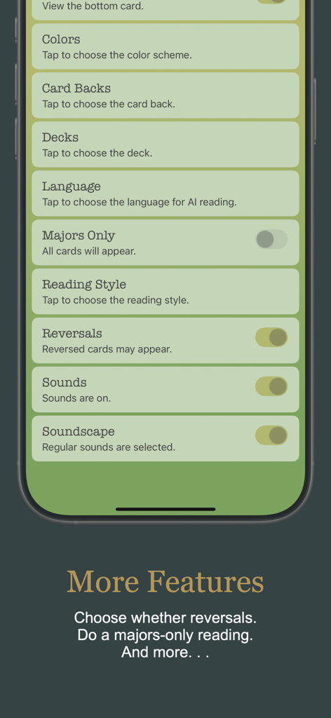 Tarot Simple: Cards & Readings - Customization menu in the Tarot Simple app showing settings for card decks reversals and soundscapes