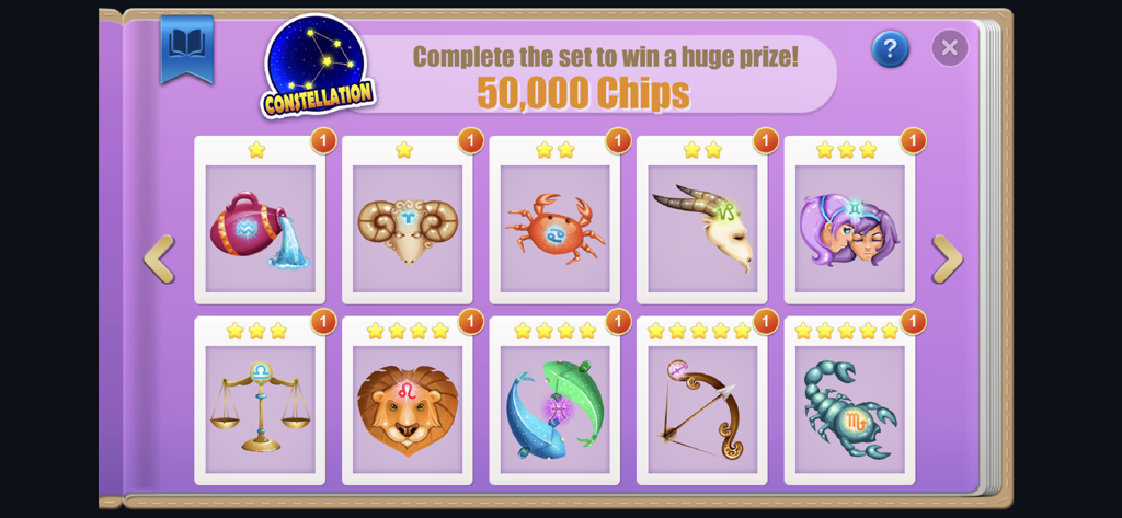 Collection screen displaying zodiac themed cards and a 50,000 chip reward in Casino Royale Roulette