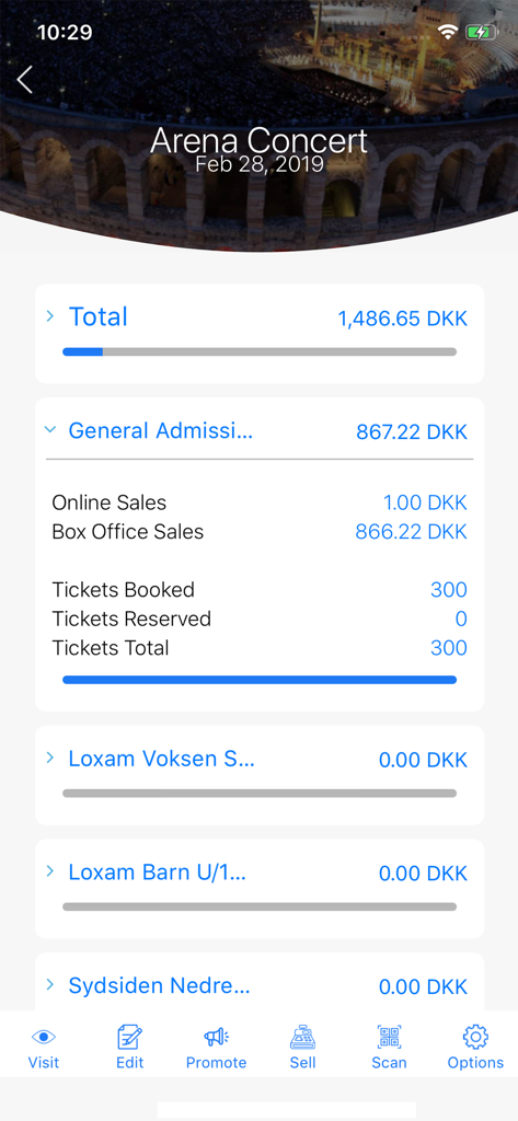 Billetto - events calendar - Billettoアプリ主催者ダッシュボード。アリーナコンサートのチケット販売と収益統計が表示されています。
