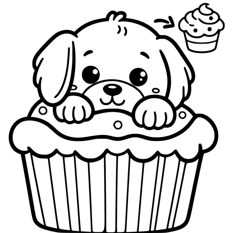a puppy is poking out of a cupcake