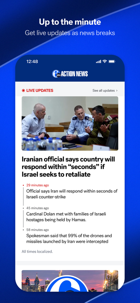6abc Action News app interface displaying live breaking news updates and international headlines