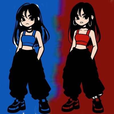 girl in baggy pants crop top and long hair