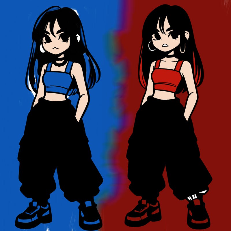 girl in baggy pants crop top and long hair