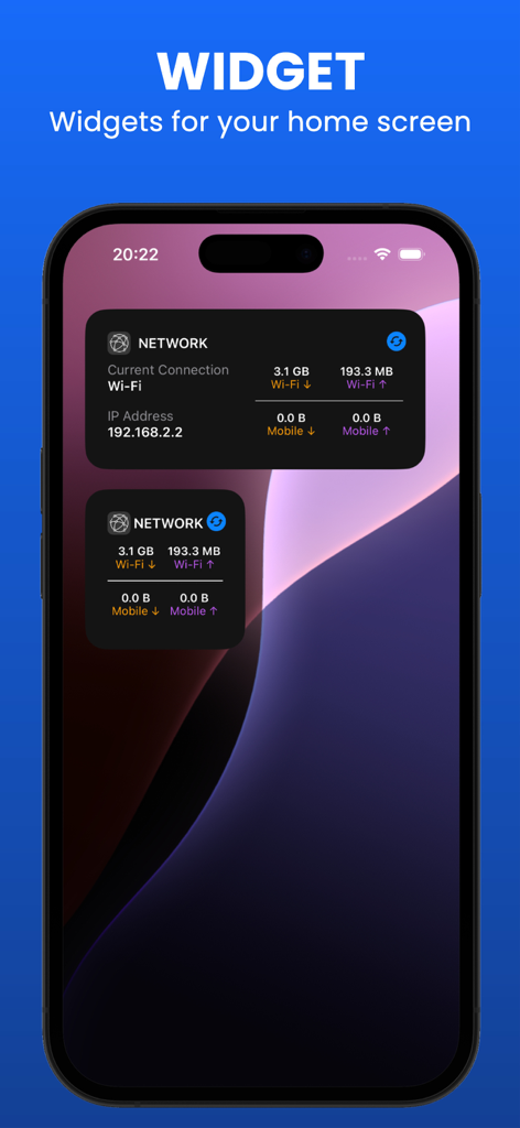 WIFI Analyzer - DNS Speed Test - Écran d'accueil de l'iPhone affichant des widgets d'informations réseau avec une surveillance en temps réel des données Wi-Fi et mobiles