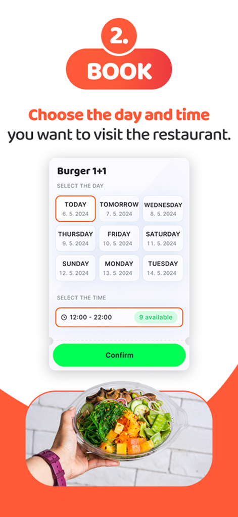TasteTown app screen for choosing a day and time to book a restaurant deal