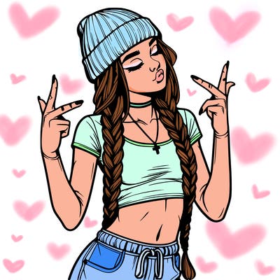realistic teenage girl with braids and a beanie and crop top doing 🫶🏼