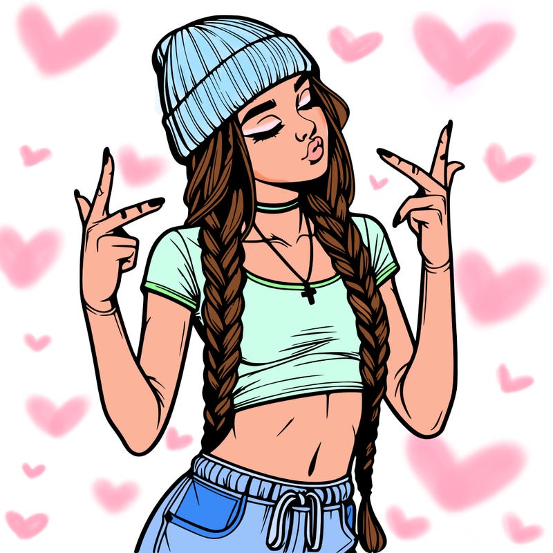 realistic teenage girl with braids and a beanie and crop top doing 🫶🏼