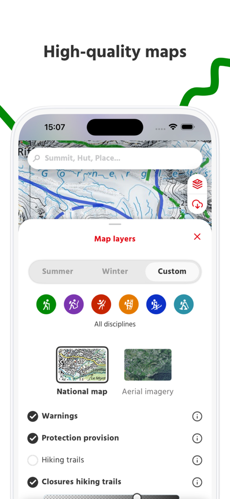 SAC – Swiss Alpine Club - Capas de mapa e interfaz de filtros de actividad en la aplicación móvil SAC Swiss Alpine Club