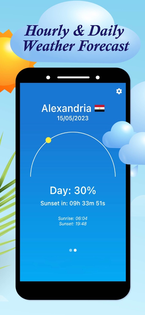 Weather app interface showing sun position, daylight percentage, and sunset countdown for Alexandria, Egypt.