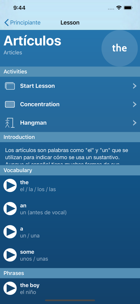 Interfaz de una lección de inglés sobre artículos con traducciones de vocabulario en español