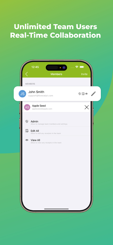 Foreceipt app interface for managing team members and real time collaboration settings