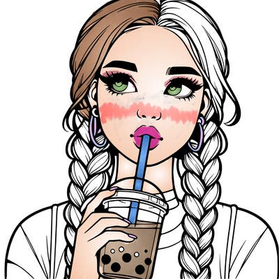 realistic girl with braided hair drinking boba