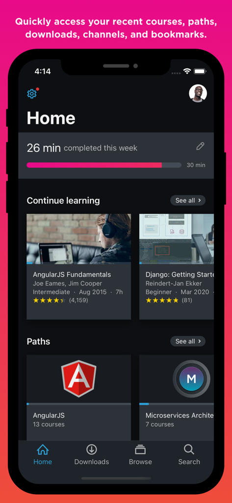 Pluralsight - Pluralsight mobile app home dashboard showing learning progress and tech courses