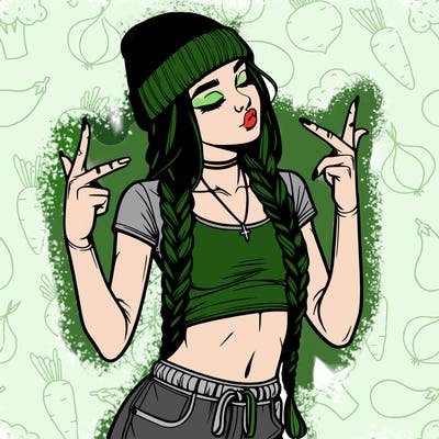 realistic teenage girl with braids and a beanie and crop top doing 🫶🏼