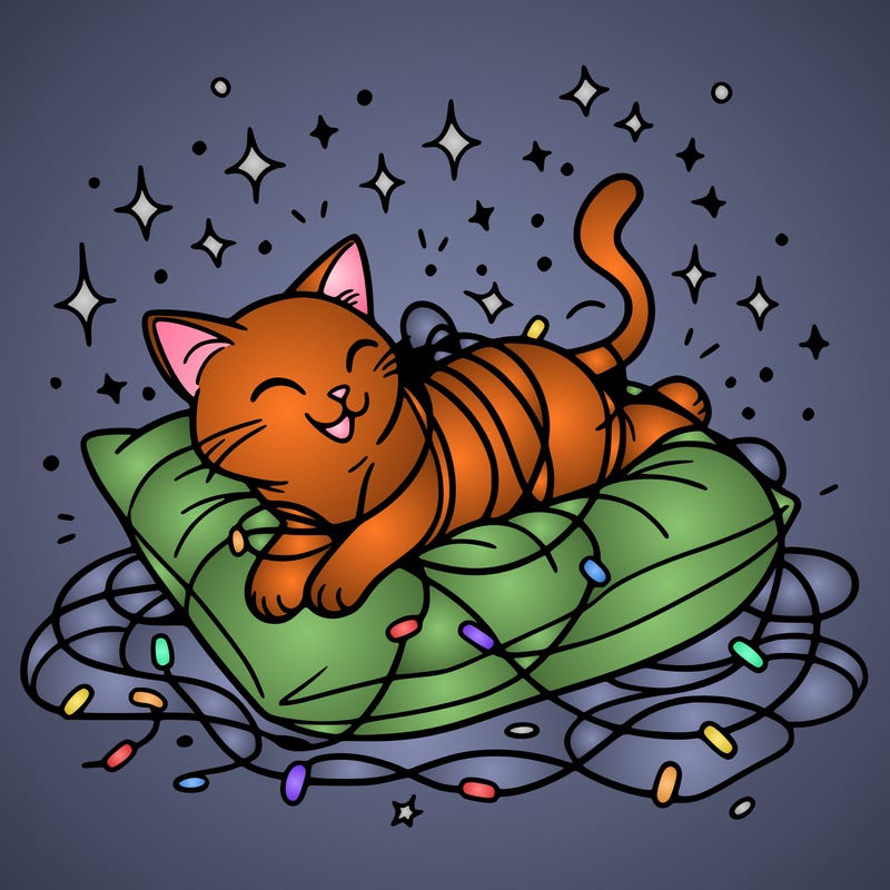 a cat happily tangled in glowing lights, lounging on a big cushion, clean lines, simple design, uncomplicated, tatoo desing
