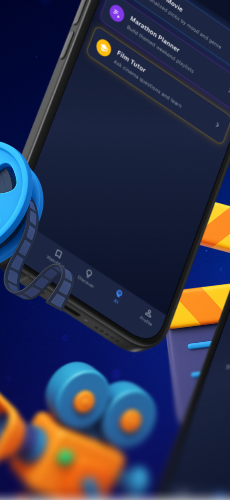 CineVerses app interface displaying the AI Hub with Film Tutor and Marathon Planner options