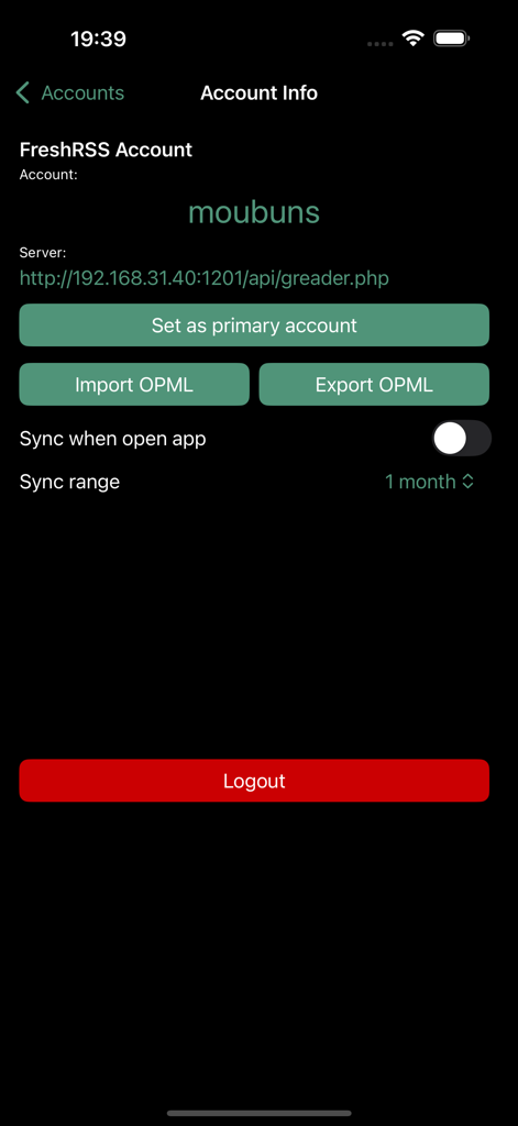 MineRSS - Minimal RSS reader - Tela de configurações de conta FreshRSS no MineRSS mostrando opções de importação e exportação de OPML