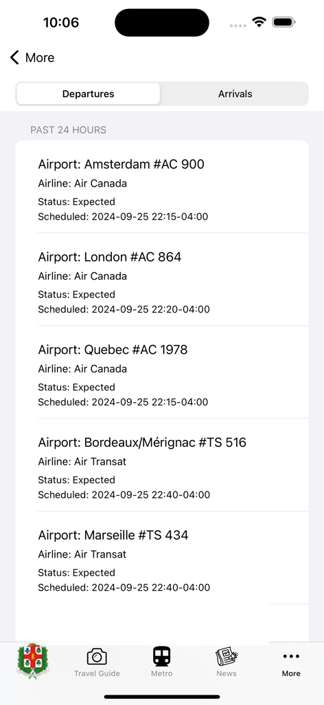 항공사 이름과 항공편 상태가 있는 몬트리올 출발 항공편 목록을 보여주는 모바일 화면