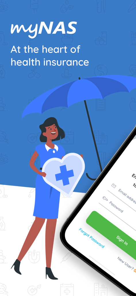 myNAS health insurance app login screen featuring a medical illustration