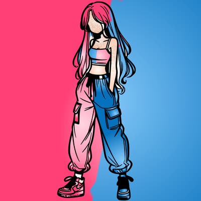 girl in baggy pants crop top and long hair