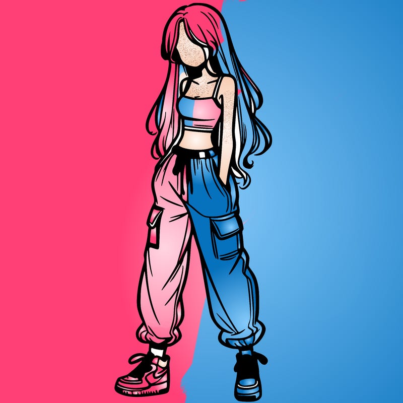 girl in baggy pants crop top and long hair