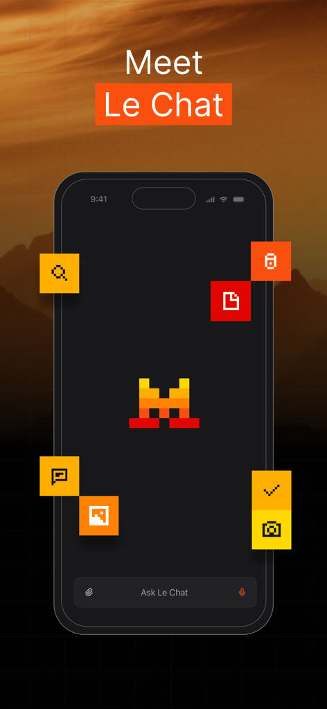 Le Chat by Mistral AI - Smartphone screen showing the Le Chat by Mistral AI welcome interface with pixelated logo and productivity icons